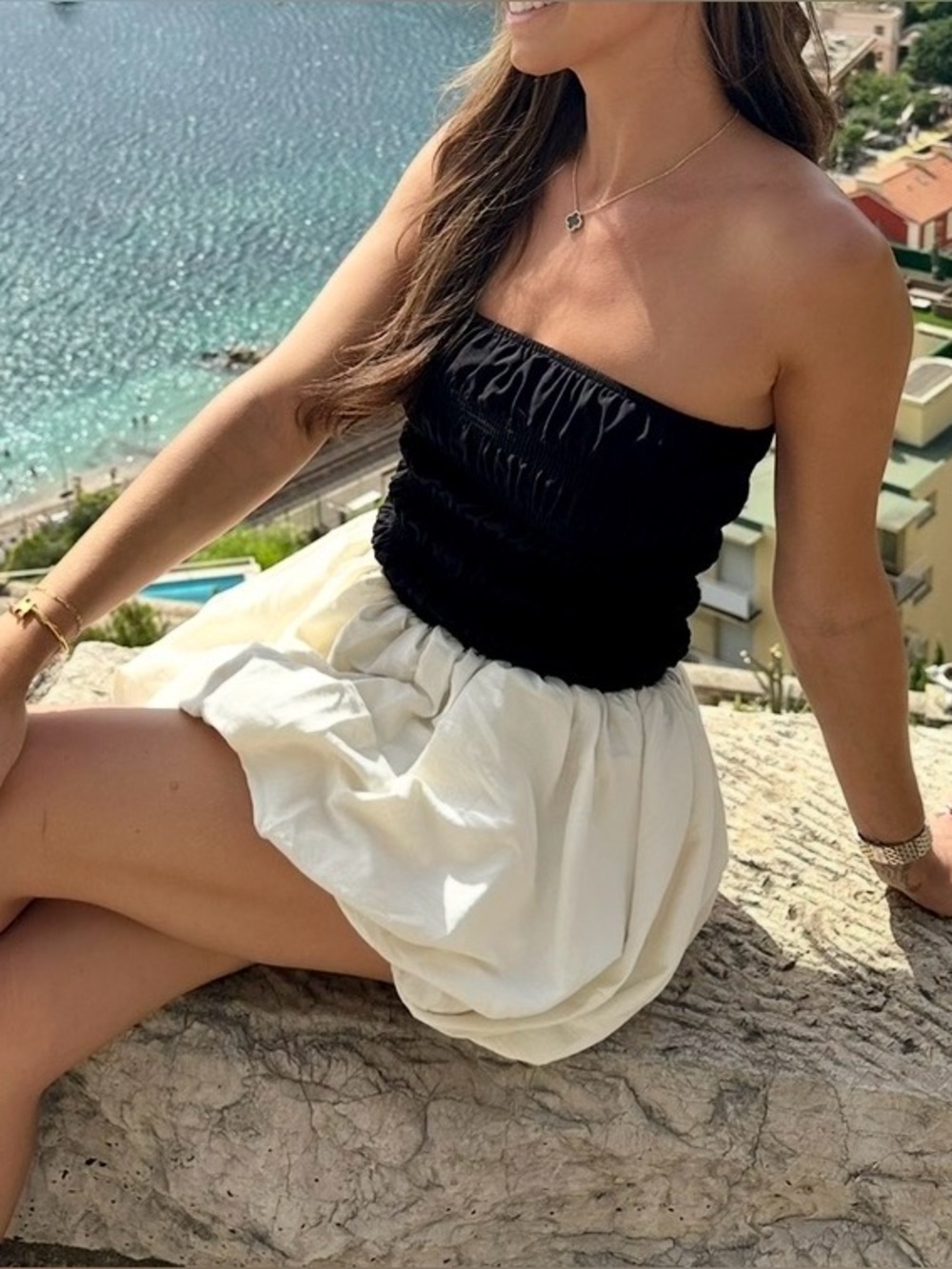 Black and Cream Strapless Bubble Dress